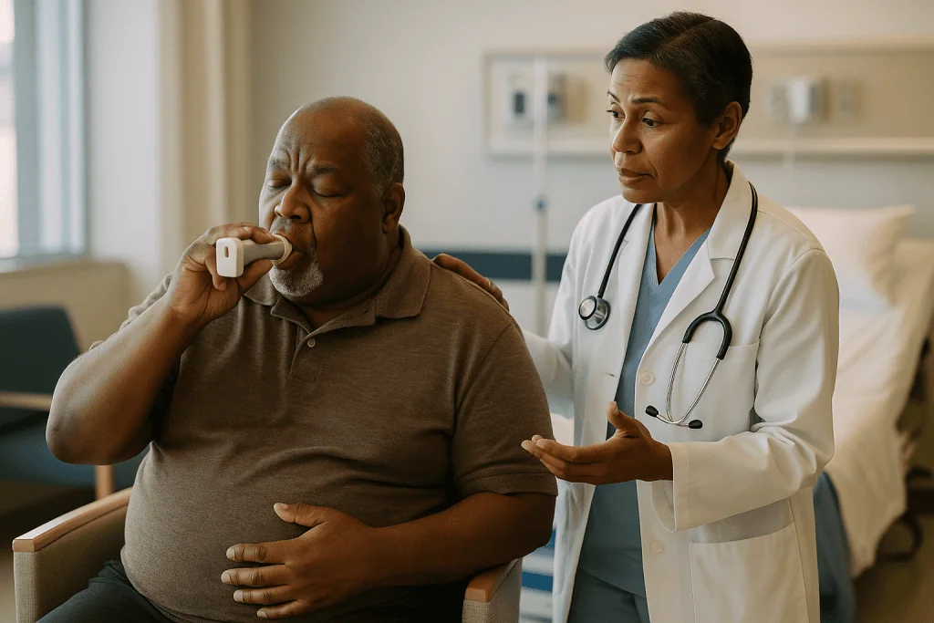 Patient using inhaler, doctor observing in clinical setting: ASA class 3 meaning: when a condition becomes 'severe'