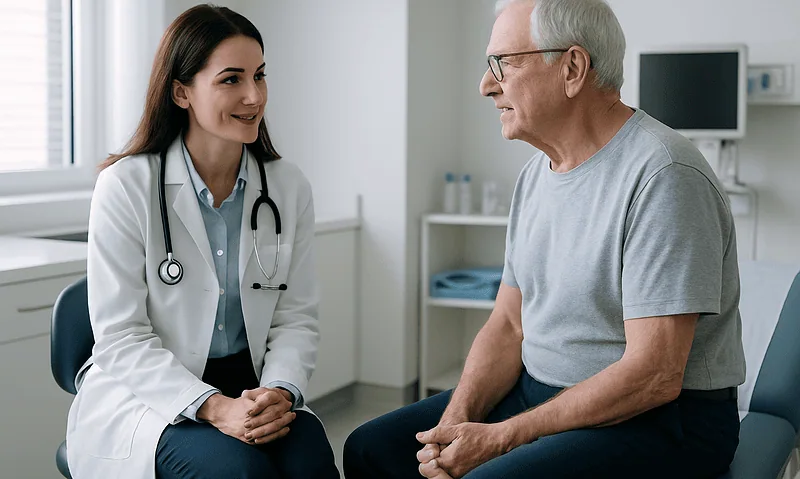 Doctor consulting with an elderly male patient in a hospital room.
