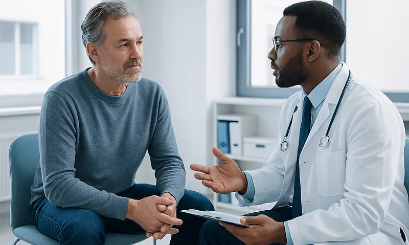 Doctor consulting with middle-aged male patient in a medical office.