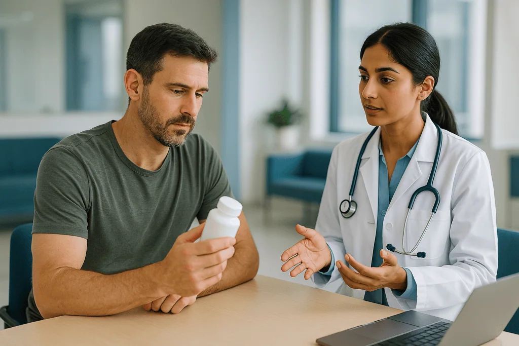 Doctor consulting male patient about medication bottle: Ashwagandha testosterone study results at a glance
