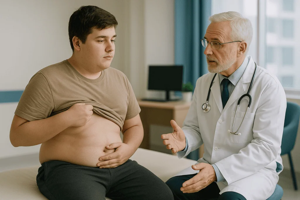 Doctor consulting male patient about abdominal/chest concerns: At what age is gynaecomastia most common?