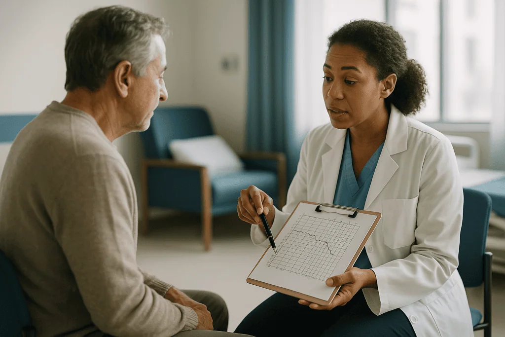 Doctor consulting patient with cardiac/vital signs chart: Audiogram results explained: how to read the chart