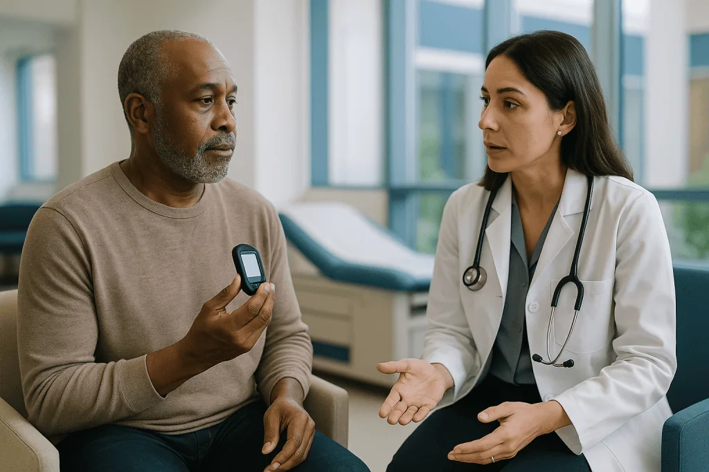 Doctor consulting patient about blood glucose monitoring device: Autonomic neuropathy treatment questions to settle at the f