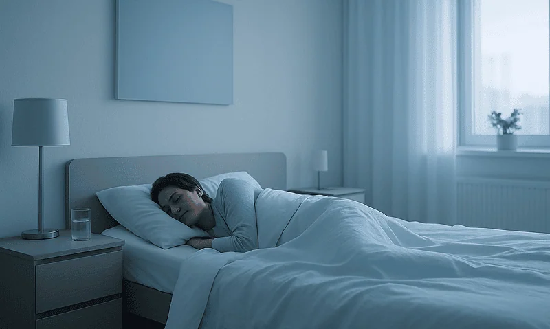 Young woman sleeping peacefully in a modern bedroom at night.