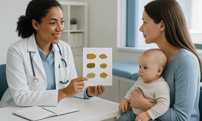 Pediatrician explaining baby poop colors to mother in clinic.