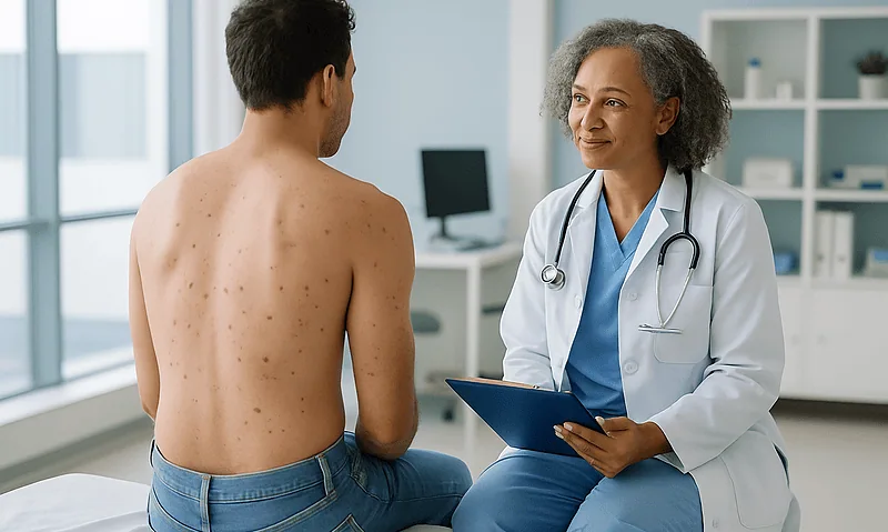 Doctor consulting with a young male patient about back acne treatment.