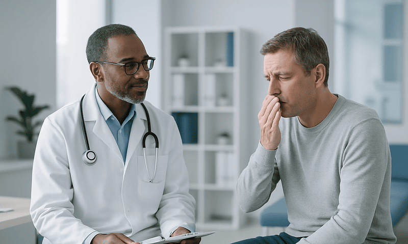 Doctor consulting with patient about bad breath causes in a clinic setting.