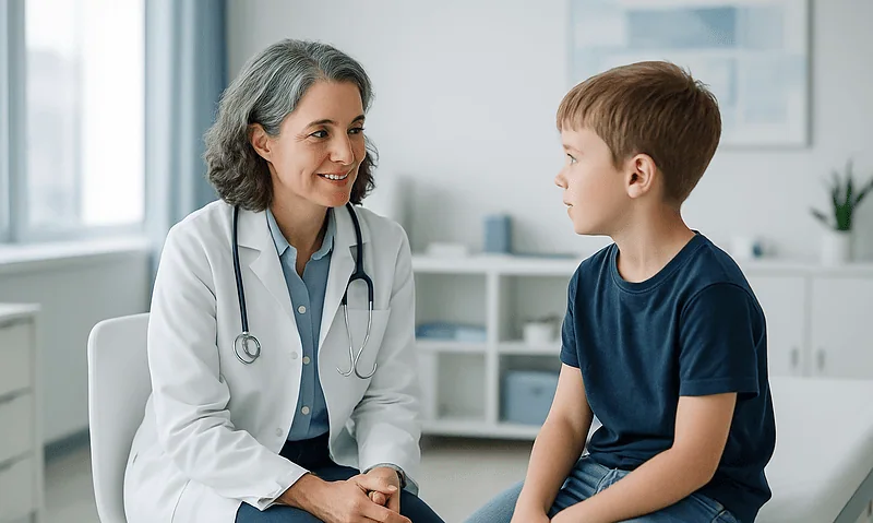 Pediatric consultation at Acibadem Hospital with a doctor and young patient.