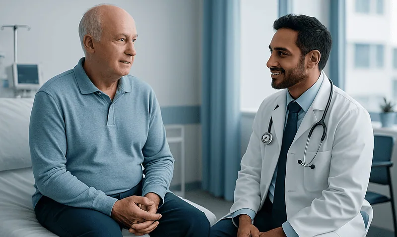 Doctor consulting with an elderly patient in a hospital room.