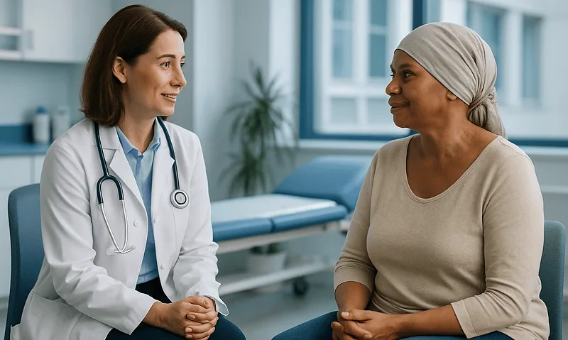 Doctor consulting with a patient in a hospital room.