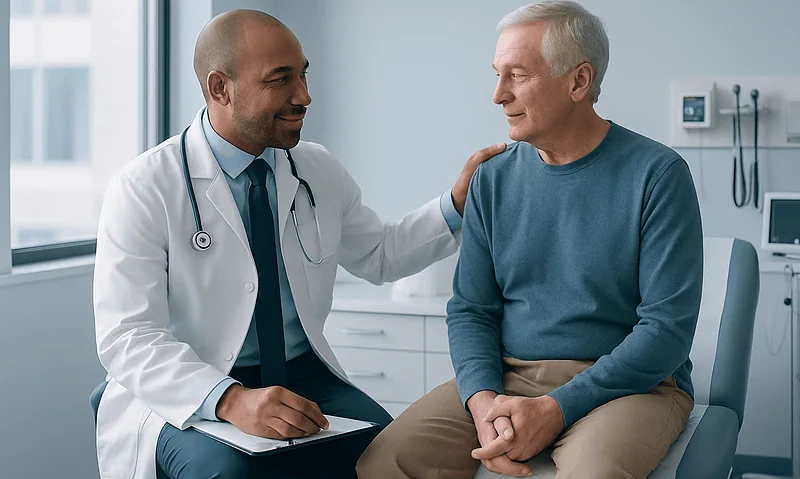 Before Bladder Stone Surgery: Blood Thinners, Urine Tests and Fasting Instructions Explained 4 Doctor consulting with an elderly male patient in a hospital room.