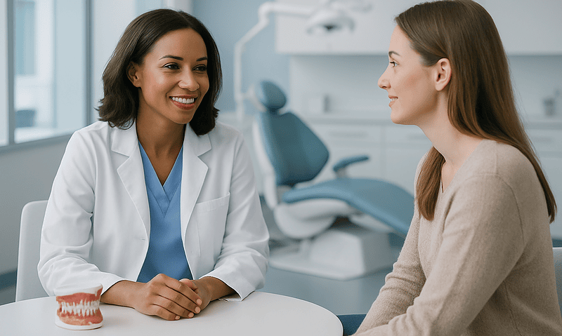Dentist consulting with a patient in a modern dental clinic.