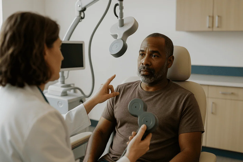 Patient receiving TMS treatment with electrode placement on chest: Before the first pulse: the mapping visit and your motor 