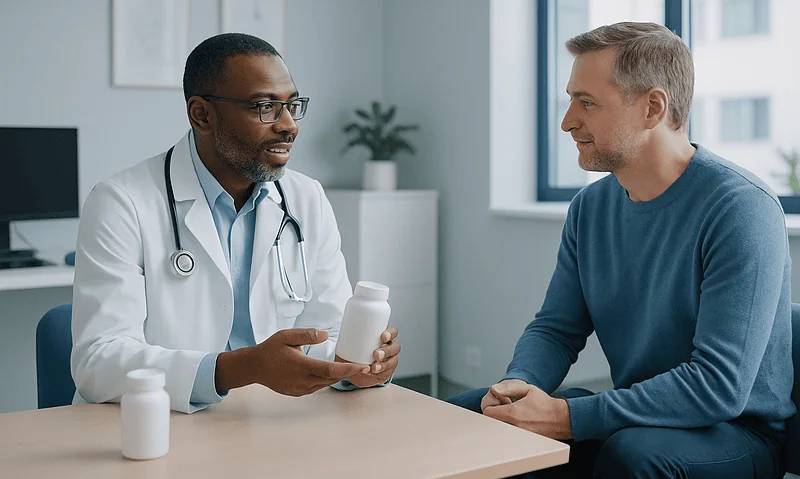 Doctor consulting with patient in a modern clinic setting.