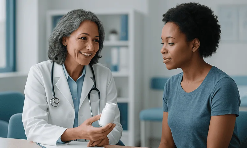 Doctor explaining medication to a patient in a clinic setting.