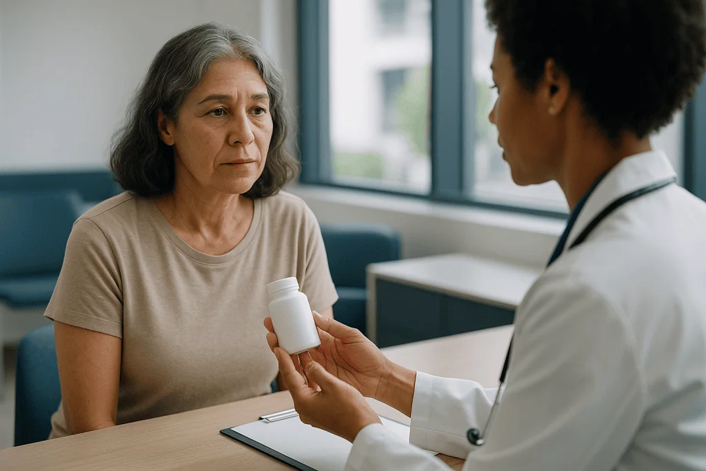 Doctor consulting middle-aged woman about medication: Black cohosh for hot flashes: what the trials show