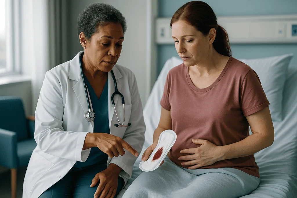 Doctor examining patient's postoperative wound bleeding: Bleeding after hysterectomy: light spotting versus heavy bleeding