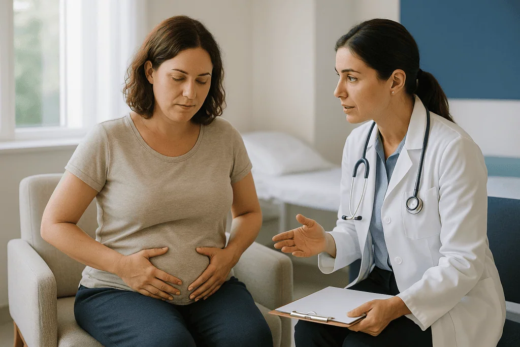 Doctor consulting with pregnant patient in clinical setting: Bloating after egg retrieval: ovaries, fluid and the hormone pi