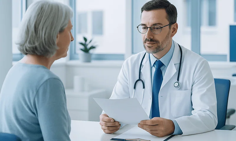 Doctor consulting with an elderly woman in a medical office setting.