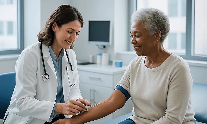 Doctor checking elderly woman's blood pressure in clinic setting.
