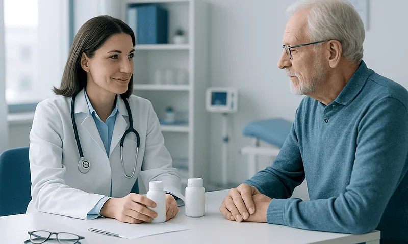 Doctor consulting with elderly patient in a modern clinic setting.