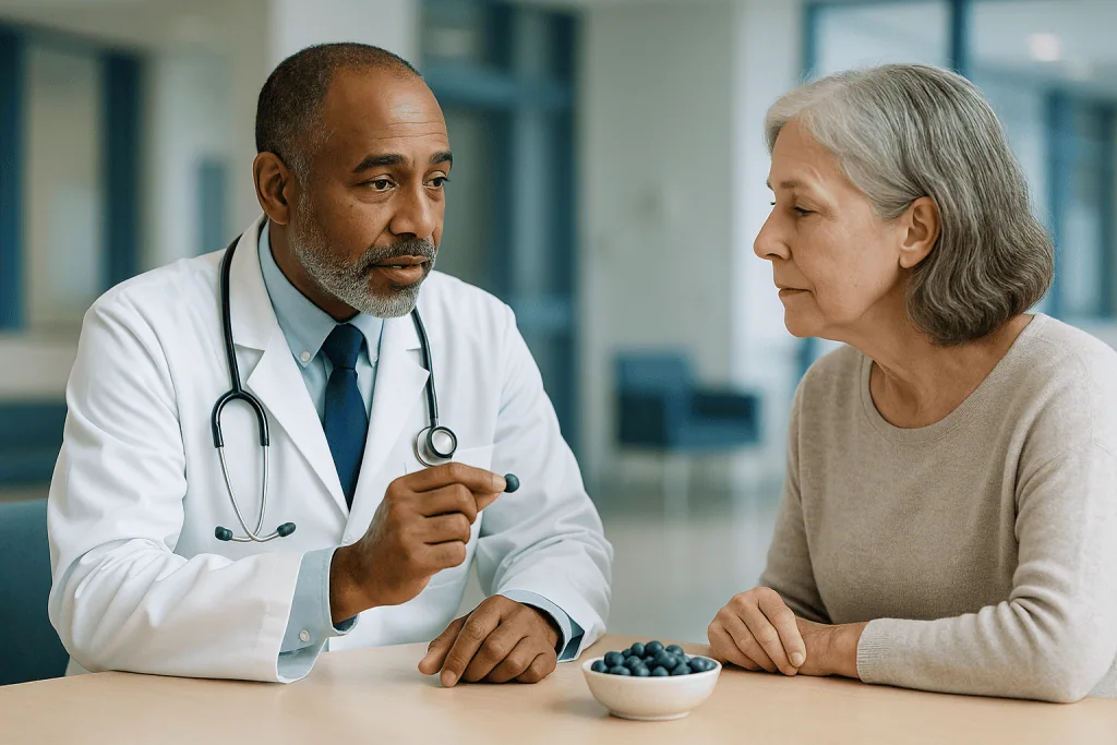 Doctor consulting senior patient with bowl of blueberries: Blueberries for memory: what the cognition trials found