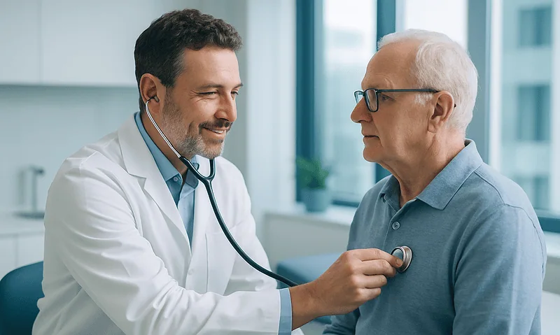 Doctor examining an elderly male patient with a stethoscope in a medical office.
