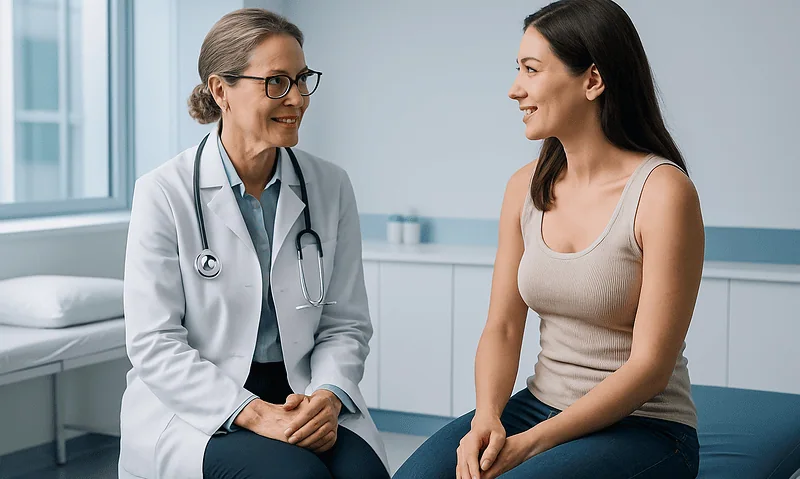 Doctor consulting with a young woman in a medical office setting.