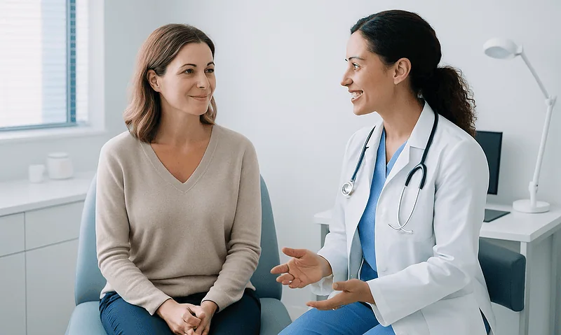 Doctor consulting with a patient in a modern medical office.