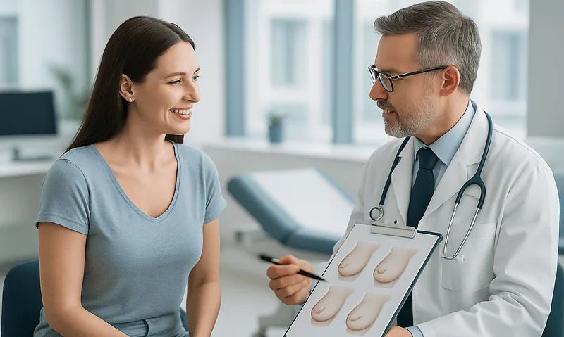 Doctor explaining breast augmentation options to a patient in a clinic.