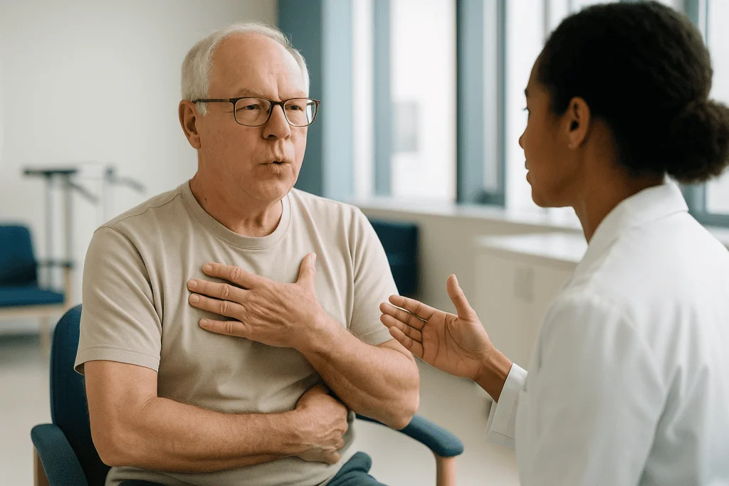 Senior man in consultation with female healthcare provider: Breathing training: the techniques you practice and why they hel