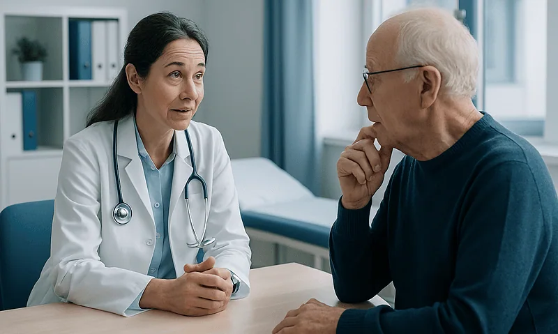 Doctor consulting with elderly patient in a medical office.