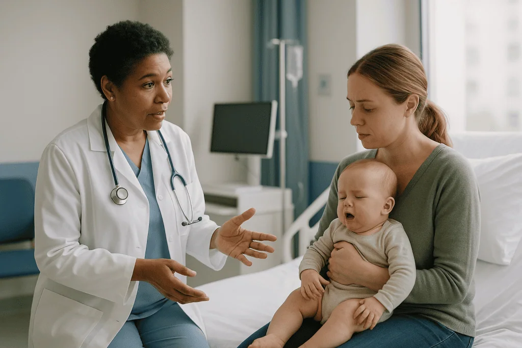 Doctor consulting mother holding infant in clinic: Bronchiolitis: the wet, wheezy cough of babyhood