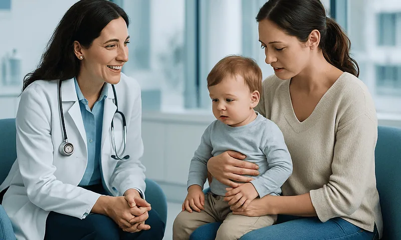 Pediatric consultation at Acibadem Hospital with doctor and mother caring for child.