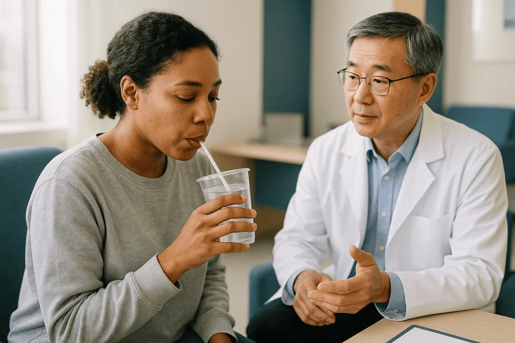Doctor consulting patient in office setting: Buccal fat removal recovery time: the honest short version