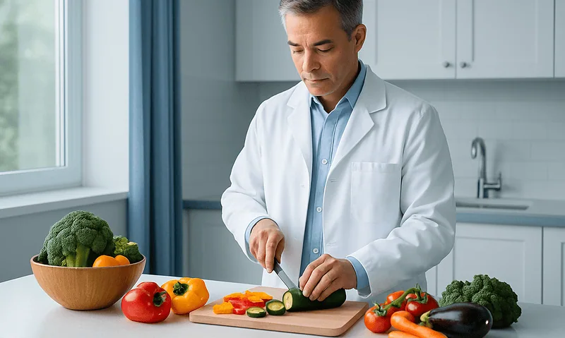 Doctor preparing fresh vegetables in a modern kitchen for healthy eating.