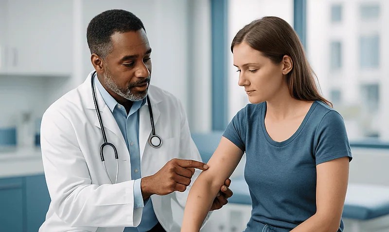 Bug Bite Identification: Mosquito, Tick, Spider or Bed Bug, and the Reactions That Need Care 2 Doctor examining a patient's arm for insect bite reaction at Acibadem Hospital.