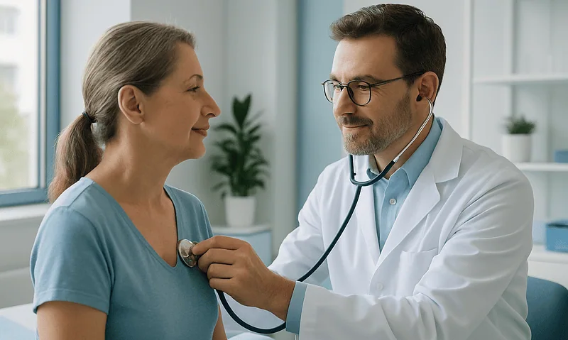 Blog 10 Doctor listening to a woman's heartbeat with a stethoscope in a clinic setting.