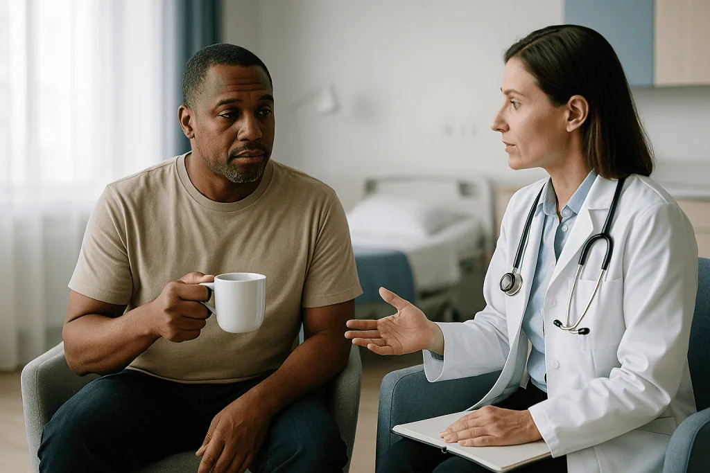 Doctor consulting with patient holding coffee mug: Caffeine cutoff for sleep: what the evidence shows