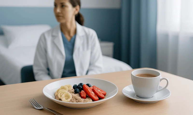 Healthy breakfast with fruit, oatmeal, and coffee in a hospital room setting.
