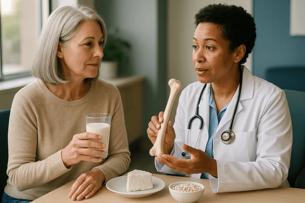 Doctor discussing nutrition and bone health with older woman: Calcium and vitamin D: the bone question