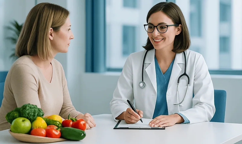 Doctor consulting with a patient about healthy foods for calcium and zinc intake.