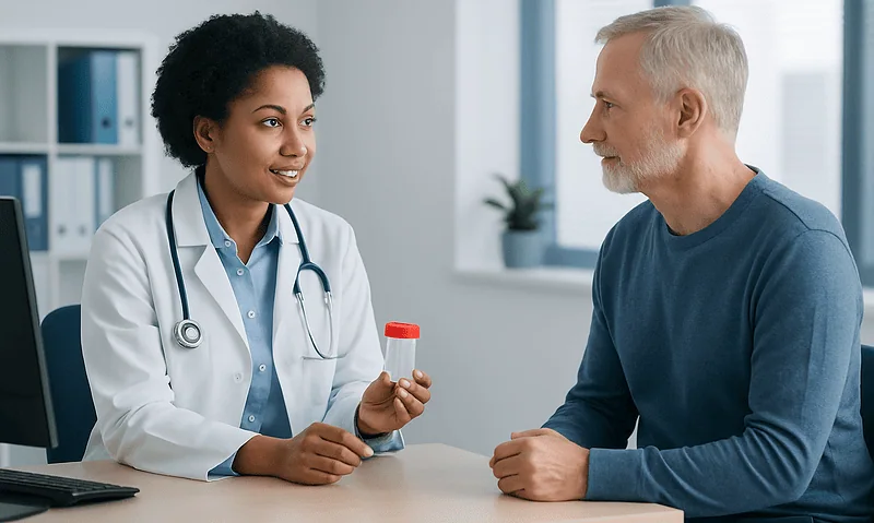 Doctor explaining stool test to patient in a medical consultation.
