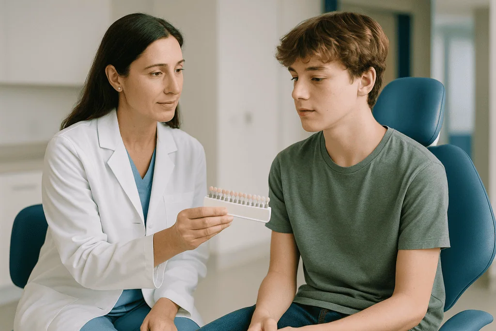 Female dentist consulting teenage boy about dental treatment: Can a 14-year-old whiten teeth, and can I get my teeth whitene