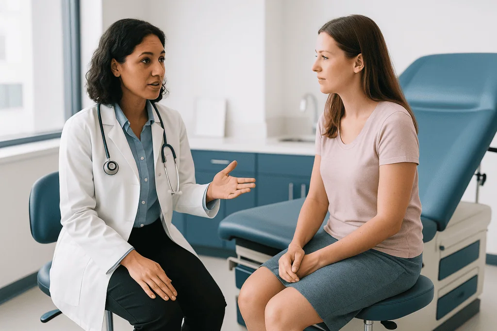 Female doctor consulting patient in clinical exam room: Can a doctor see your cervix during a pelvic exam?