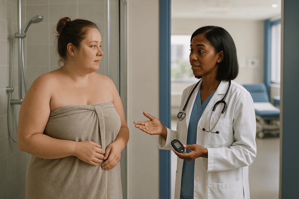 Doctor consulting patient in medical office setting: Can a hot shower cause a glucose spike? Heat, hormones and sensor lag
