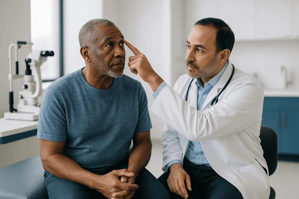 Doctor examining patient's head in clinical setting: Can a regular eye doctor tell if your retina is detached?