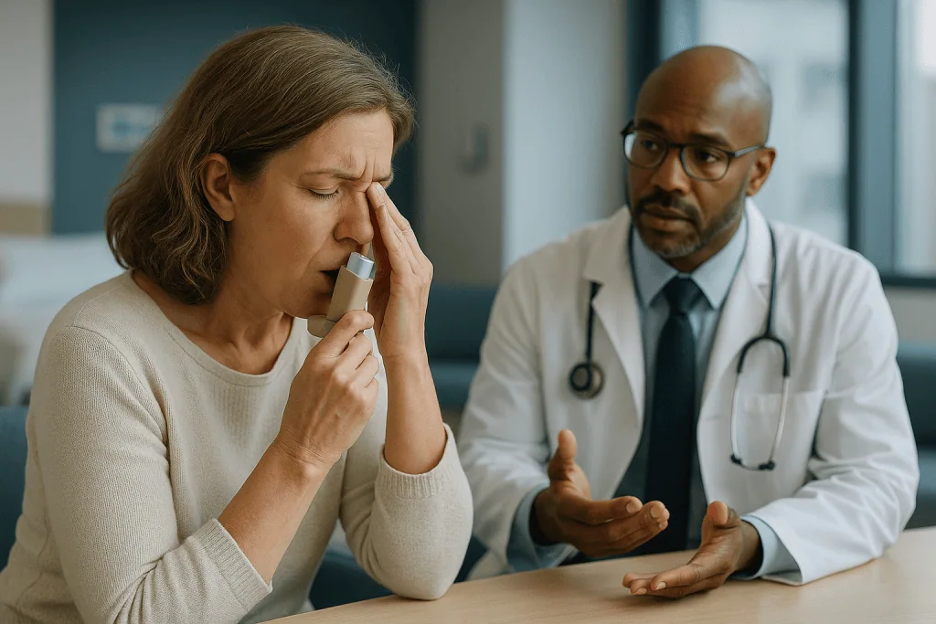 Doctor consulting patient with inhaler in clinic: Can a sinus infection mess with asthma? What is actually happening