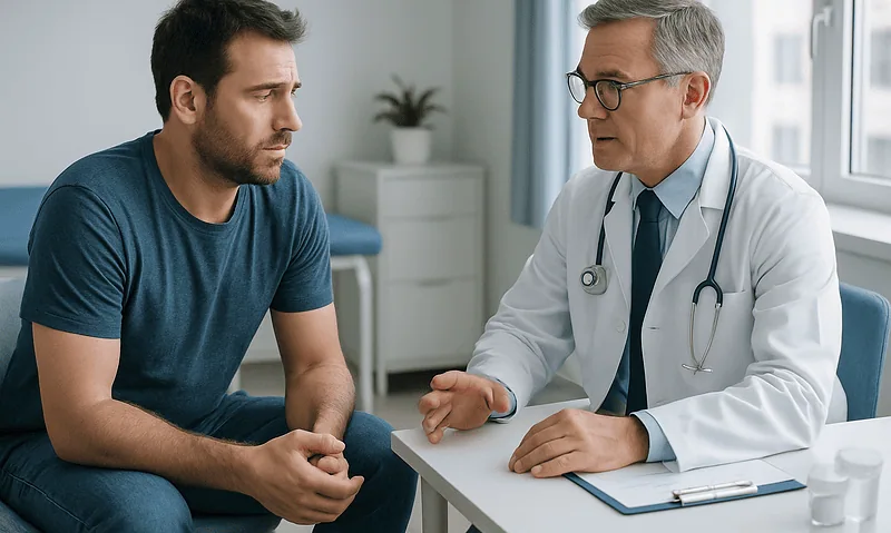 Doctor consulting with male patient in a medical office setting.