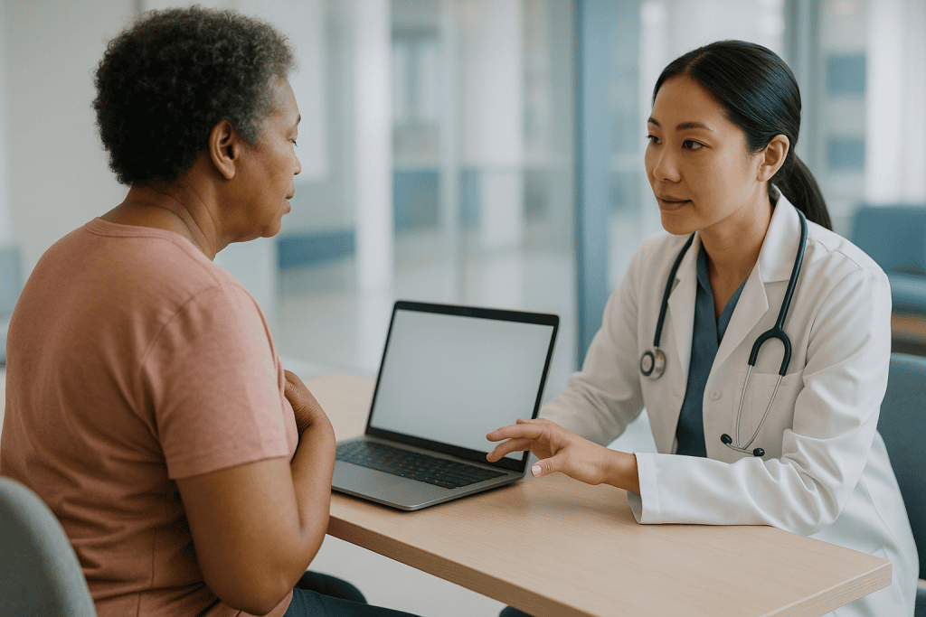 Doctor consulting patient with laptop in modern clinic: Can AI diagnose disease? What "diagnosis" means to a machine